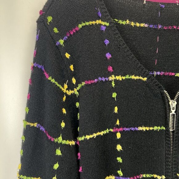Vtg Christopher & Banks Black Zip Cardigan Sweater Multicolor Grid Knit Size M - Picture 3 of 8